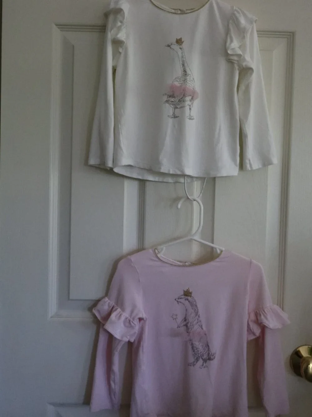 Set of 2 Long sleeve Mud Pie tees ballerina/fairy otter and goose white & pink